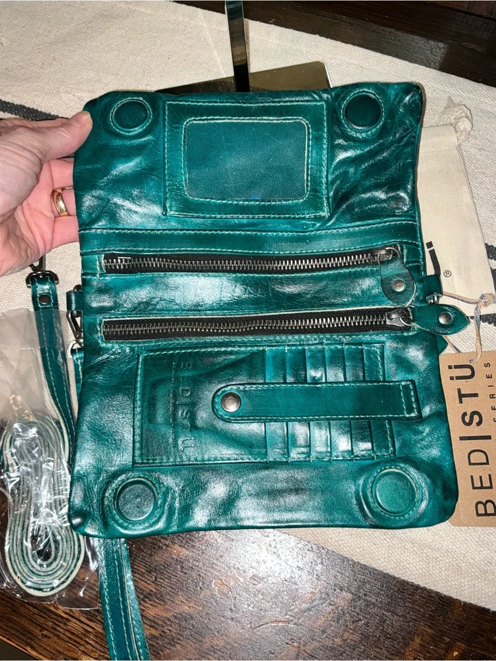 NWT Bed Stu Cadence Wallet Wristlet Crossbody Bag Arctic Teal Driftwood  $179